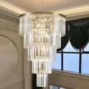 Gold Long Crystal Chandelier for High Ceiling, Height 35.5 inch 5-Tier Modern Chandeliers Lighting Fixture, Round Light for Entryway Staircase Foyer, H35.5", D23.6"
