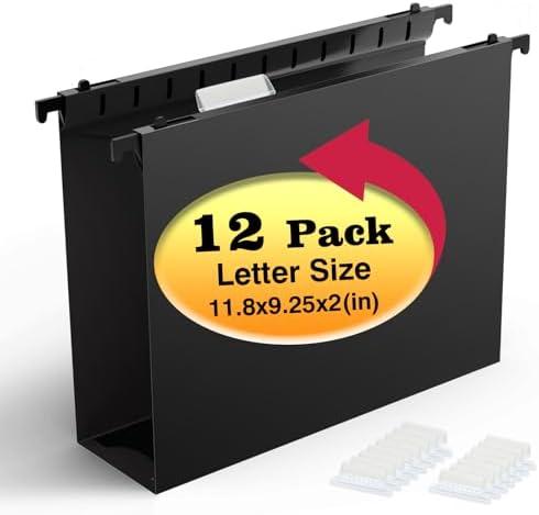 Shutex Extra Capacity Plastic Hanging File Folders,12 Pack Reinforced Hang Folders,Heavy Duty 2 Inch Expansion,Plastic Filing Cabinet Folders,Letter Size,Designed for Bulk Files, Medical Charts,Black
