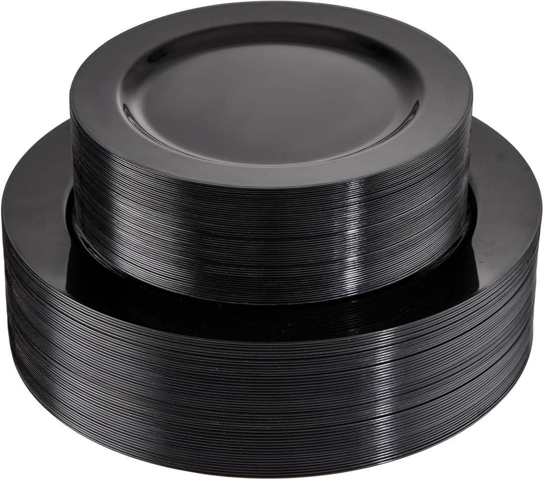 FLOWERCAT 100PCS Black Plastic Plates - Heavy Duty Black Disposable Plates for Halloween Party/Birthday/Wedding/Father's Day- serve 50guests 10 inch and 7 inch Set