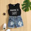 Toddler Baby Boys Summer Outfit Set Sleeveless Vest Mama's Boy Embroidery Clothes Tank Tops with Ripped Denim Shorts