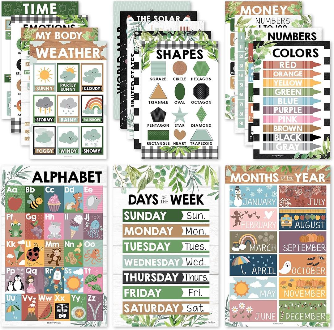 Hadley Designs 16 Educational Posters for Toddlers 1-3, Laminated Toddler Learning Posters for Preschool & Kindergarten, ABC Chart, Numbers, Colors, Shapes, Days of The Week, Farmhouse Classroom Decor