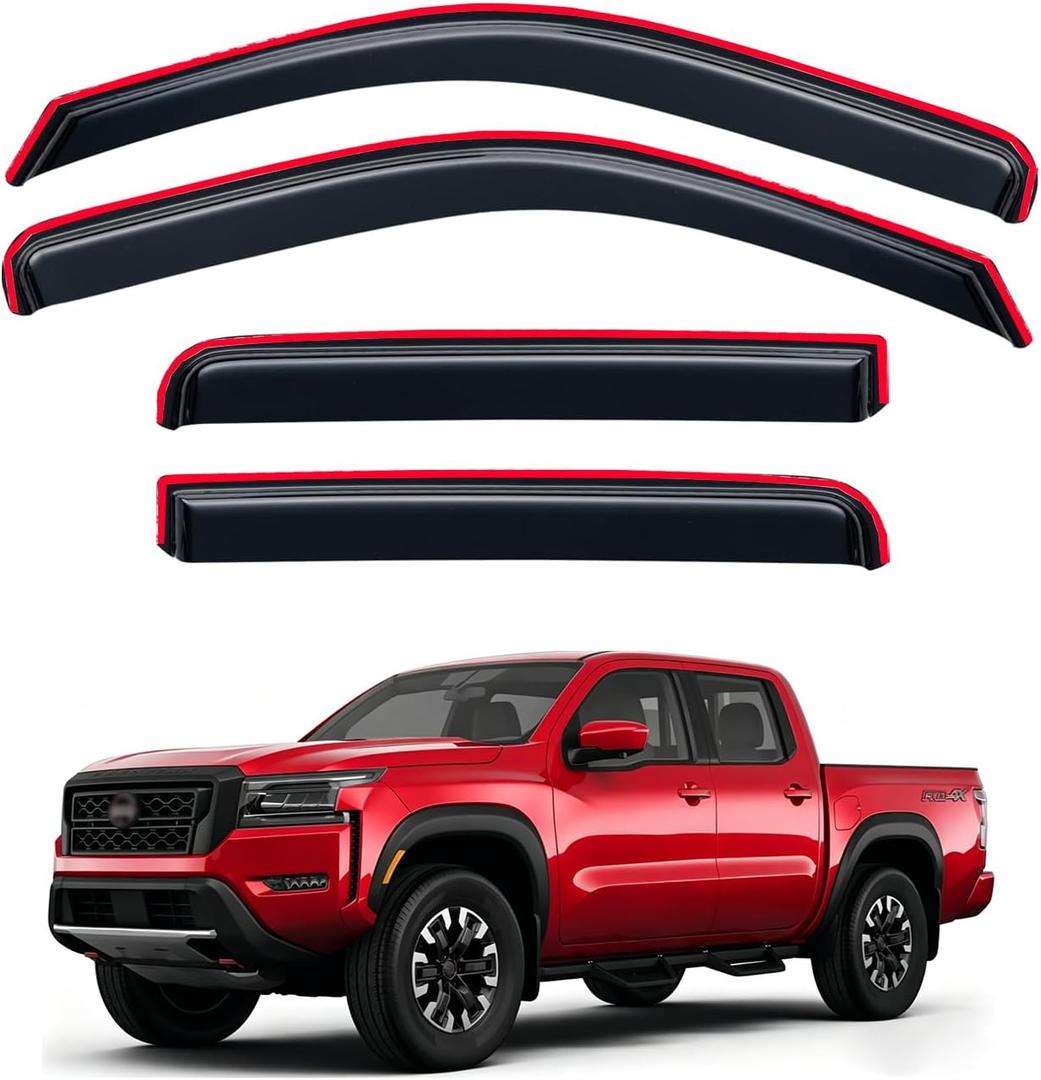 in-Channel Rain Guards for 2022-2026 Nissan Frontier Crew Cab, Window Visor Shields Vent Deflector Shade Wind Dark Smoke 2023 2024 22 23 24 25, Tape-On Outside-Mount, 4PCS