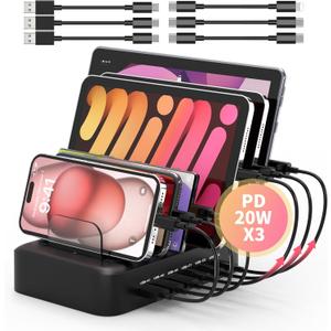 MSTJRY 90W 6-Port USB C Fast Charging Station for Multiple Devices, Multi PD Charger Station for iPhone iPad Tablet Phone, Charging Dock Organizer with Adjustable Dividers for Home Office Classroom