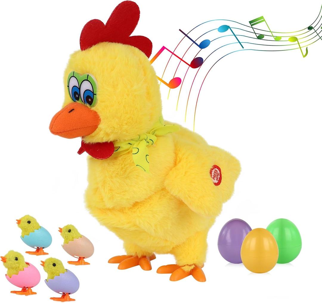 Plush Electric Stuffed Laying Egg Chicken Toy Doll with Sound Music Easter for Boys Girls (Yellow)