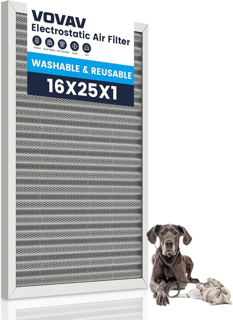 16x25x1 Air Filter-MERV 8, Washable & Reusable Electrostatic Filter, AC/HVAC Furnace Filters, Lasts a Lifetime, Permanent Air Filter, Breathe Fresher,Home And Office Actual Size:15.5x24.65x0.82 Inch (25X16X1)