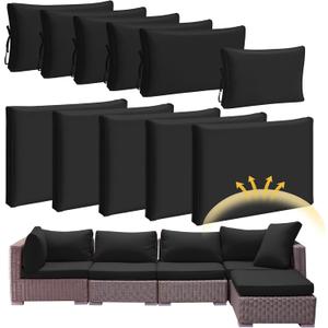 Patelai 11 Pcs Waterproof Patio Cushion Covers for Outdoor Sectional Furniture Wicker Rattan Patio Sofa Couch Chair Seat Pillow Slipcovers, 3 Sizes Covers Only (25.4 x 25.4X 3.54,Black)
