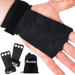 KAYANA 3 Hole Leather Gymnastics Hand Grips - Palm Protection and Wrist Support for Cross Training, Kettlebells, Pull ups, Weightlifting, Chin ups, Workout, & Exercise (Small, Black)