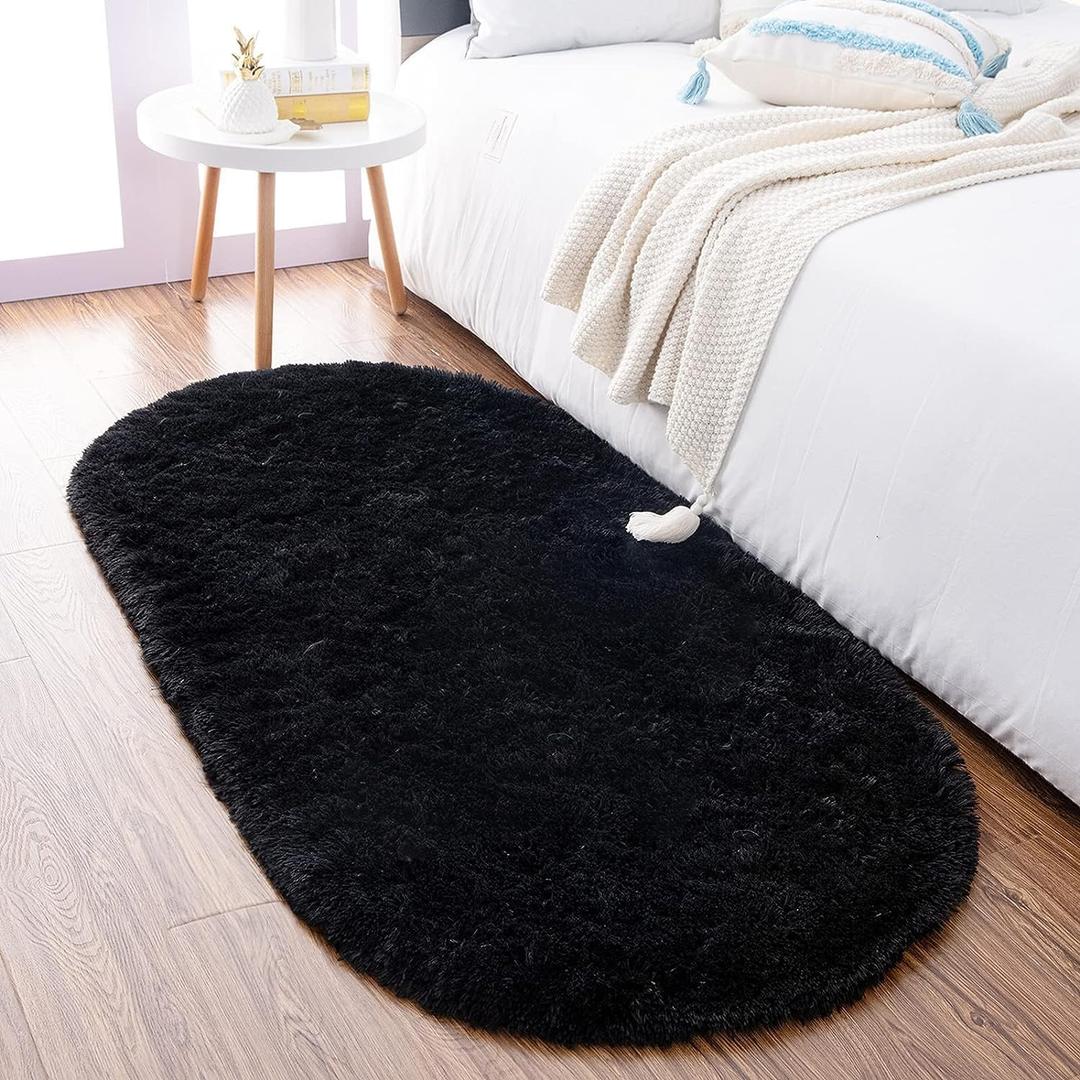 Noahas Fluffy Black Rugs for Bedroom Living Room,2'X5' Oval Throw Rug for Kids Room,Shag Hallway Runner Rug,Small Soft Shaggy Bedside Non-Slip Plush Nursery Dorm Carpet Home Decor Aesthetic (2' x 5' (Oval))