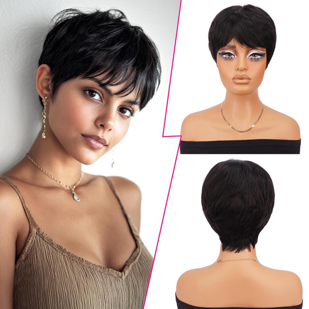 PEACOCO Pixie Cut Wig Human Hair Short Wigs for Black Women Natural Glueless Pixie Wig with Bangs Layered Virgin Short Wigs for Women 1B