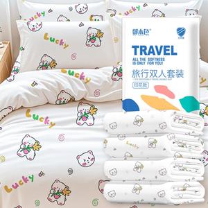 Disposable Travel Bedding Set, 4 Piece Lucky Bear Print, Thickened SMS Fabric, Hotel Sheets and Pillowcases (Single - 3-Piece Set, A - Cartoon)