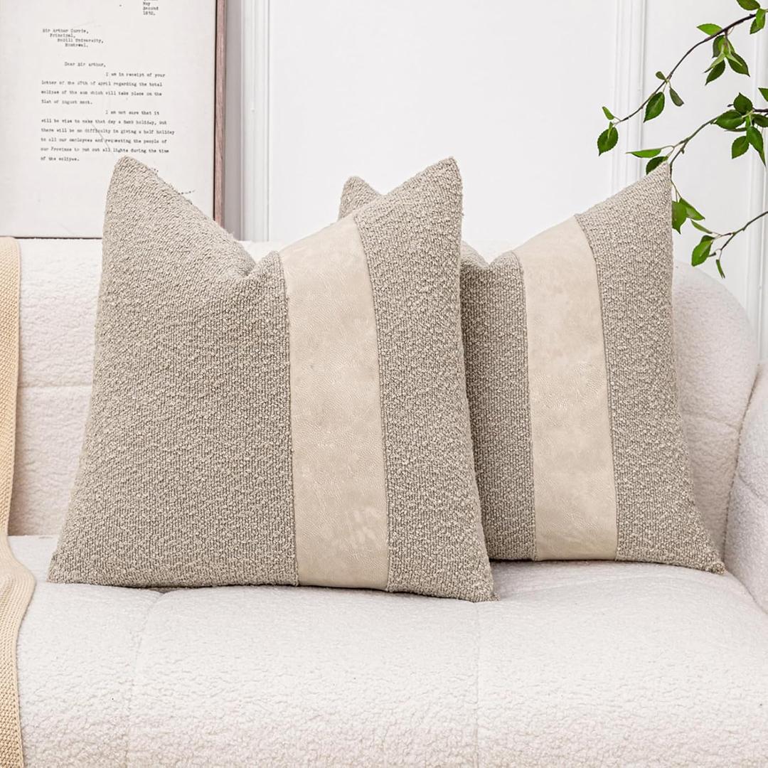 Pack of 2 Oatmeal Boucle Decorative Pillow Cover with Faux Leather Modern Accent Pillow Case 20 x 20 Inch Textured Stripe Cushion Covers for Chair Sofa Bedroom Living Room Home Decor
