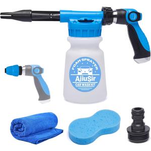 Foam Gun Car Wash Sprayer + Washing Sponge & Absorbent Towel, Hose Nozzle Foam Cannon Car Washing Kit, for Garden Cleaning, Pet Showering (Blue)