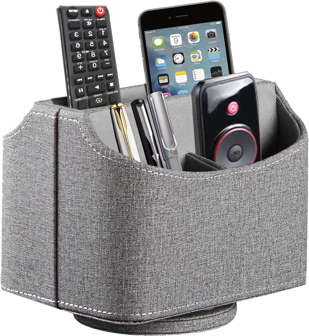 Leather Remote Control Holder 360 Degree Spinning, Desk Organizer for TV Remote Controllers, Caddy,Pen,Calculator,Media Player Storage box (Grey)