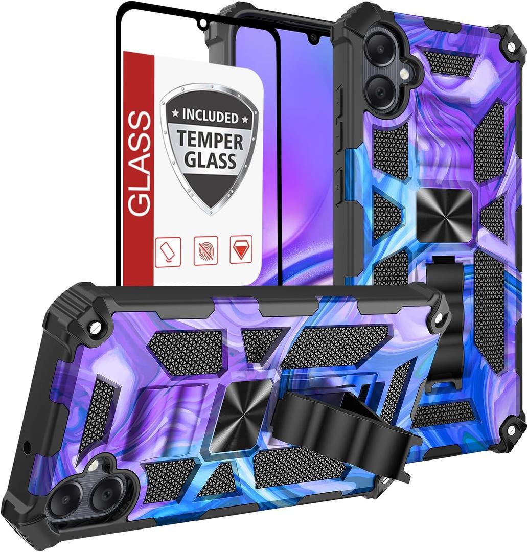 for Galaxy A05 Case,Samsung A05 4g Case w/Tempered Glass Screen Protector(Full Coverage) [Full-Body][15FT Mil-Grade][Built-in Kickstand] Car Magnetic Protective Cover for Women Man Blue Purple Marble