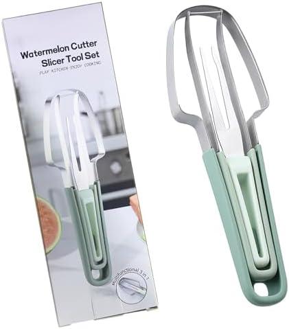 3-in-1 Watermelon Fork Slicer Cutter,Watermelon Cutter Slicer Tool,Stainless Steel Watermelon Windmill Cutter,Melon Cutter Knife Portability Fruit Fork for Kitchen, picnicking (Green) 2 PACK