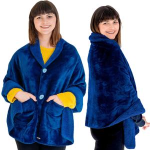 EzrAllora Premium Double Layer Poncho Blanket for Women -Drape and Go No Sleeves- Sherpa Fleece Shawl with Pockets - Wearable Blanket - Gifts for Her Mom and Grandma (Blue)