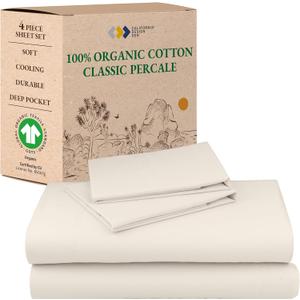 California Design Den Sheets Queen Size Bed Set - Soft 100% Organic Sheets with Deep Pockets, Crisp Percale, Breathable and Durable Bedding Set - Creamy Ivory