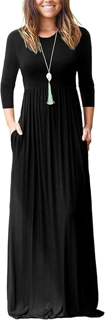 WNEEDU Women's 3/4 Sleeve Casual Loose Long Maxi Dresses with Pocket (Medium)