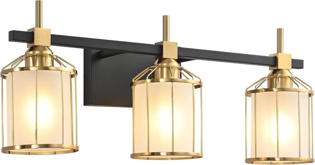 SOLFART 3 Lights Bathroom Light Fixtures Over Mirror Bathroom Lights Over Mirror Vanity Lights for Bathroom Black Brass Light Fixture Frosted Glass 3T