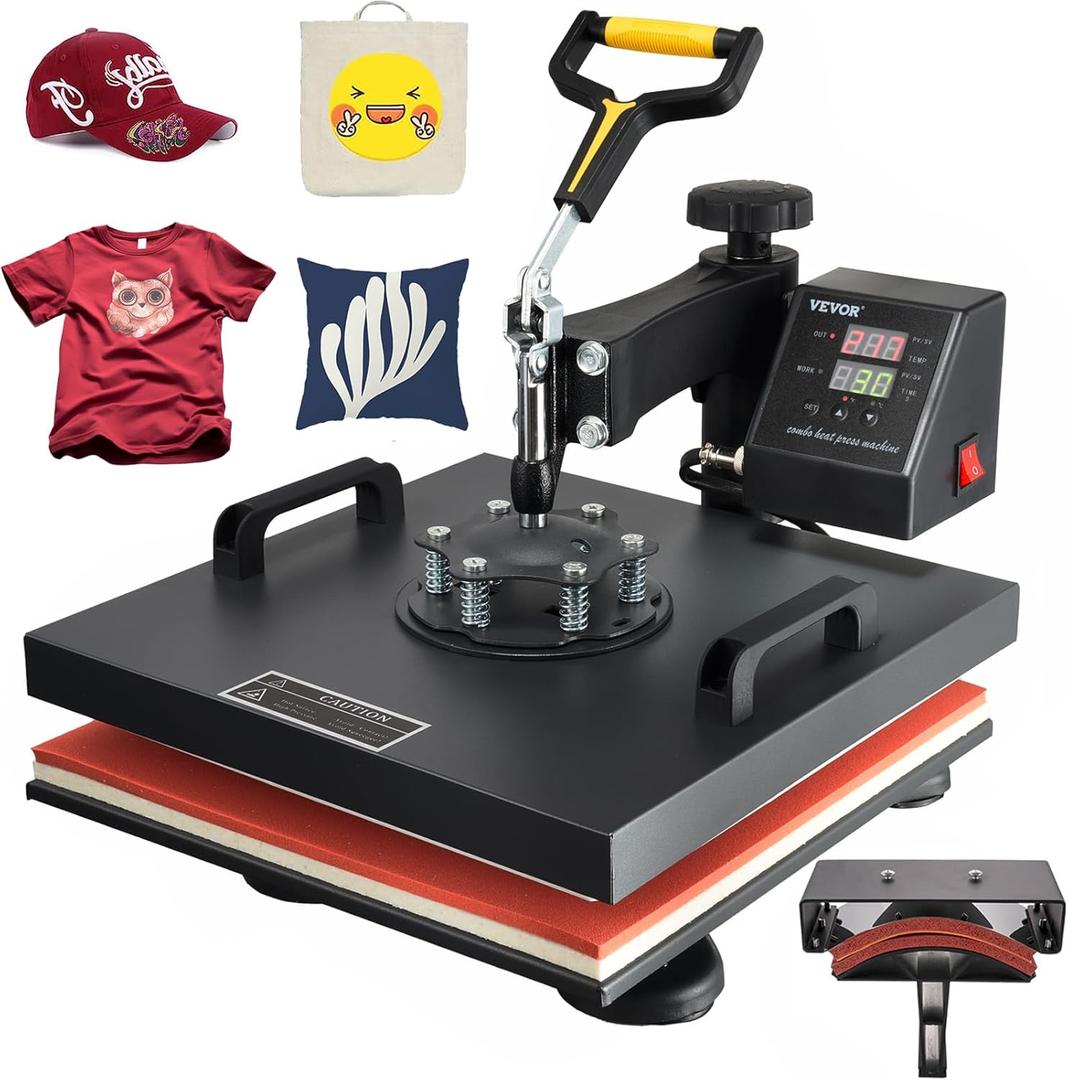 VEVOR 2 in 1 Heat Press 15x15 Inch 360 Swing Away Digital Tshirt Press Machine with 6x3 Inch Hat Press, Multifunction Combo for T Shirt Hat Cap Pillow Bag, 2in1-Black