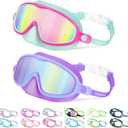 Vvinca 2 Pcs Kids-Swim-Goggles with Nose Cover, Swimming Diving Mask Wide View Anti Fog UV Anti Shattered Lens for Kids 3-5 (02-Mirrored Mermaid Purple& Green)