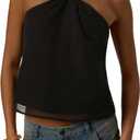 MAKEMECHIC Women's Tie Back Halter Tops Mesh Swiss Dots Knot Backless Sleeveless Tank (Black, XS)