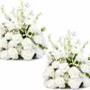 White Wedding Floral Arrangements, 23.6" Tall Free Standing Floor Flower Arrangement, Wedding Aisle Flowers for Ceremony, Large Floral Centerpiece for Entryway & Party Decor (2, White with leaves)