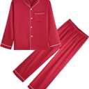 Kid Silky Satin Pajamas Set for Girls Boys pj Set Sleepwear Button-up Lounge Sets Nightwear (6-7 Years, Maroon Red)