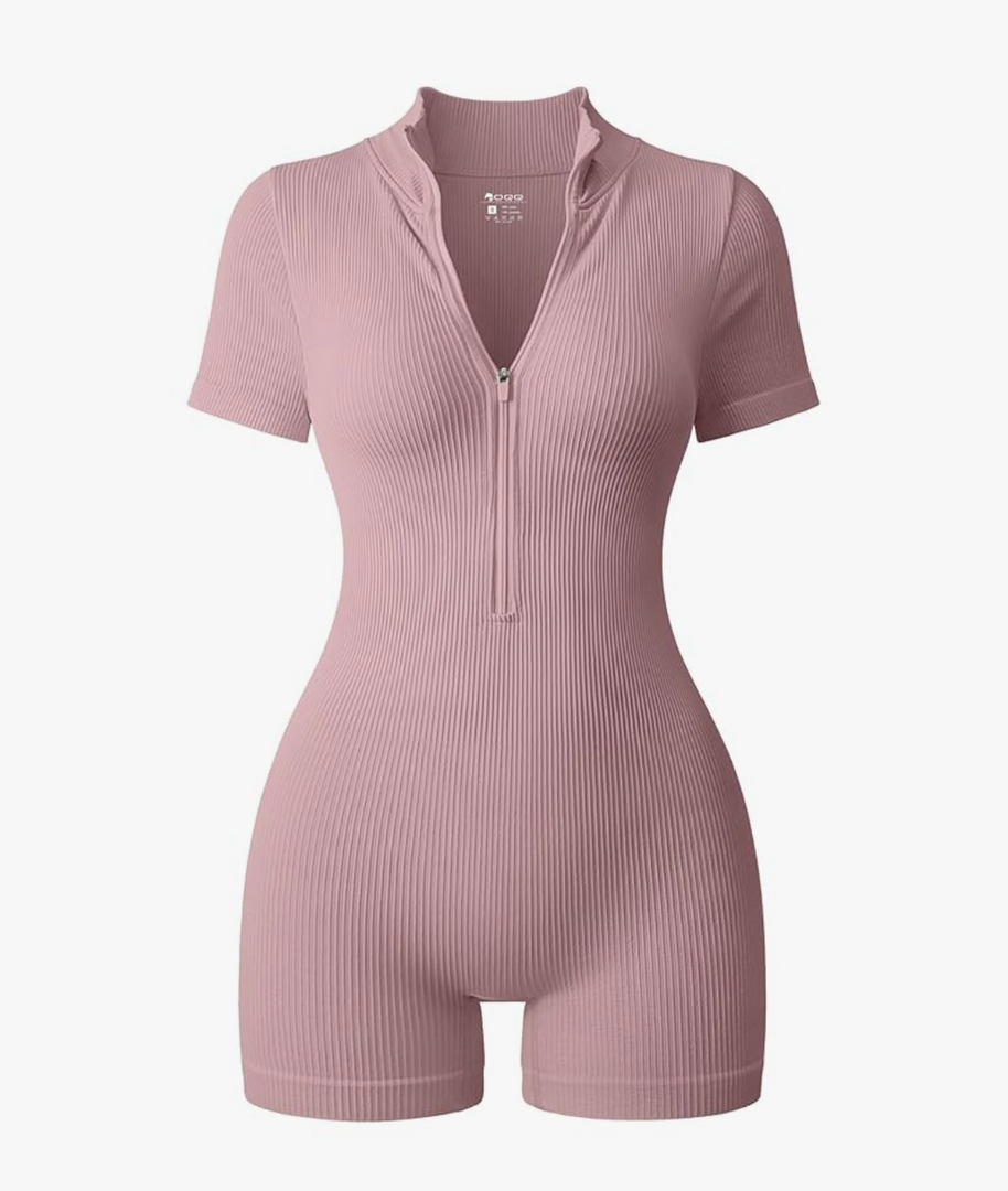 OQQ Women Rompers Ribbed Short Sleeve Zip Front Stretch Tummy Control Yoga Workout Rompers S