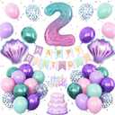 2nd Mermaid Birthday Decorations for Girls,2nd Party Decorations Metallic Purple Green Pink Blue Latex Balloons Number 2 Seashell Foil Balloons Banner Cake Topper Sea Party Decor