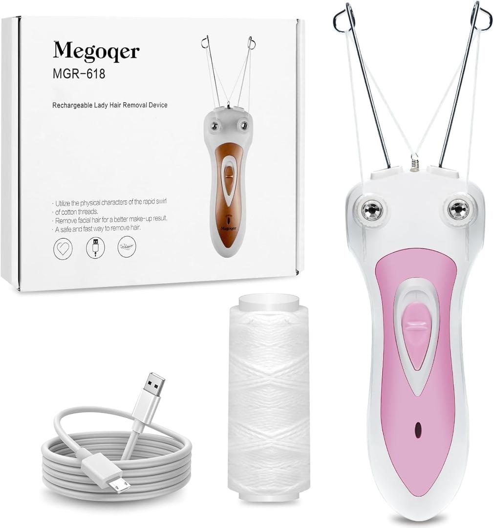 USB Rechargeable Cotton Thread Epilator for Women,White Electric Threading Hair Removal Tool Complete with Charging Cable and Spare Thread, Professional Eyebrow Threading Kit for Facial and Body Hair