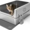 Enclosed Stainless Steel Cat Litter Box with Lid, Oversize Metal Litter Box for Multi Cats, Extra XXL Cat Toilet with High Side, Non-Stick, Anti-Leakage, Odorless, with Cat Litter Mat & Litter Scoop (XXL-27.5"x19.7"x11.8")