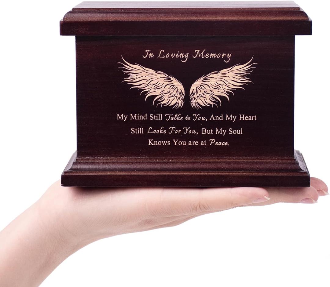 6 Inch Small Wooden Urn for Human Ashes - Keepsake Urn for Men & Women, Funeral Ashes Holder, Wooden Urn Box and Casket with Wing Design