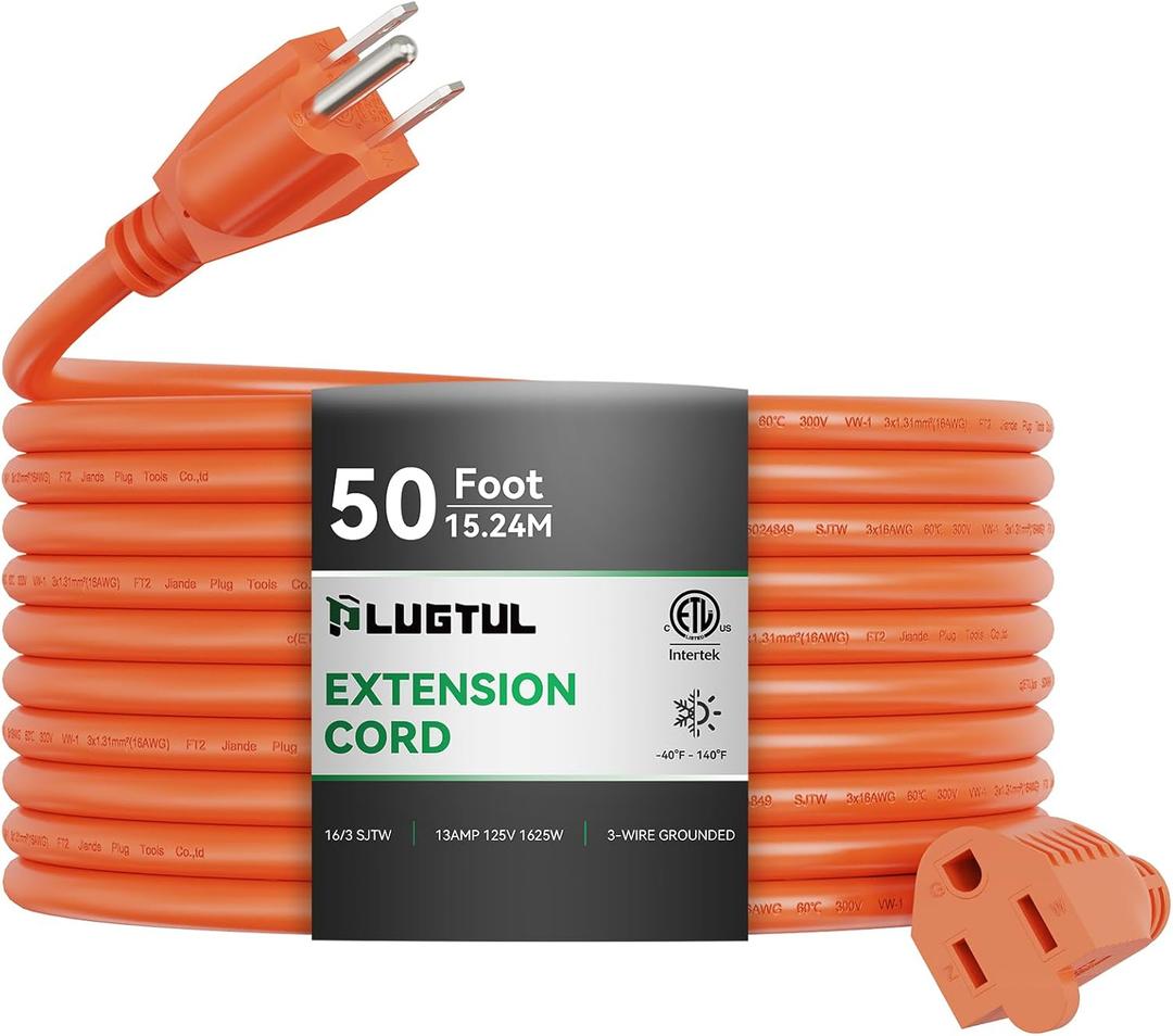 Outdoor Extension Cord 50 FT Waterproof, 16/3 Gauge Heavy Duty 3 Prong Extension Cord, 13A 1625W SJTW, ETL Listed, Great for Garden and Home, Orange