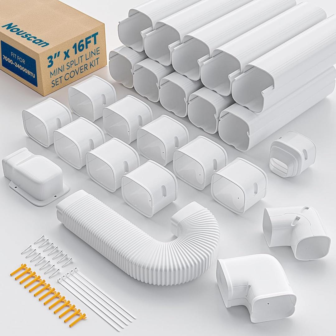 3" 16Ft Mini Split Line Set Cover with Flexible Duct, Upgrade PP Decorative Minisplit Lineset Cover Kit, Paintable for Mini Split, Air Conditioner, Central AC, HVAC and Heat Pumps, White