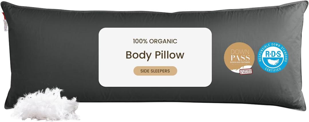 Goose Down Body Pillows for Adults, Large Body Pillow for Side Sleeper, Hugging Feather Body Pillow Insert, Cooling Full Length Long Pillow for Bed with 100% Organic Cotton Shell, Black 20"x60"