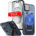 for iPhone 14 Plus Case Magnetic,for iPhone 15 Plus Case Compatible with MagSafe Support Wireless Charger,with Camera Cover Kickstand+with 2 Screen Protectors,Heavy Duty Protection Phone Blue