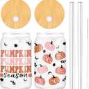 Whaline 2 Pack Halloween Drinking Glasses 16oz Scary Pumpkin Glass Cup Orange Pink Iced Coffee Cup with Lid Straw for Fall Halloween Cocktail Whiskey Beer Soda