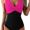 Eomenie Women's One Piece Swimsuits Tummy Control Ruched Push Up Bathing Suit Tie Back Slimming Swimwear (XX-Large, Hot Pink and Black)