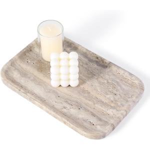 Karibiber Marble Vanity Trays, Travertine Bathroom Tray, Decorative Tray for Dresser Countertop, Grey Stone Serving Holder for Kitchen, Storage Trays for Perfume, Jewelry Candle Organizer