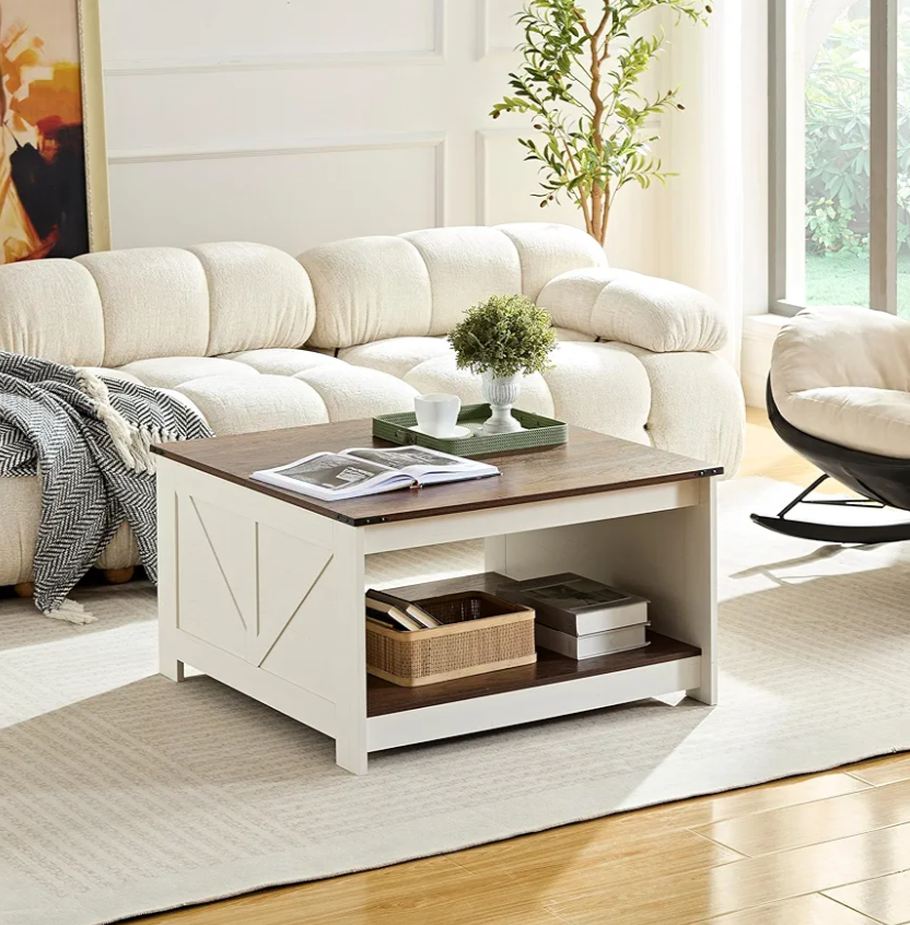 Farmhouse Coffee Table for Living Room, Wood Square Coffee Tables, 31.5" D x 31.5" W, Antique White