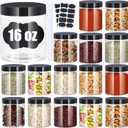 Plastic Jars with Lids, 16 oz Plastic Containers with Lids Clear Airtight Container Storage Jar Mason Jars for Dry Food Peanut Butter Honey Jam Cosmetics, Pack of 16 (16 PCS Black Lids)