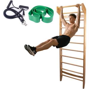 Wood Swedish Ladder with 11 Strategic Rods,Withstands up to 330 lbs,Stall Bar,Include Exercise Straps+Pull-Up Resistance Band+Pull-Up Bar,31.5”*86.6”,Wall Mounted,Stretching and Various Exercises,Indoor Home School Gym Fitness