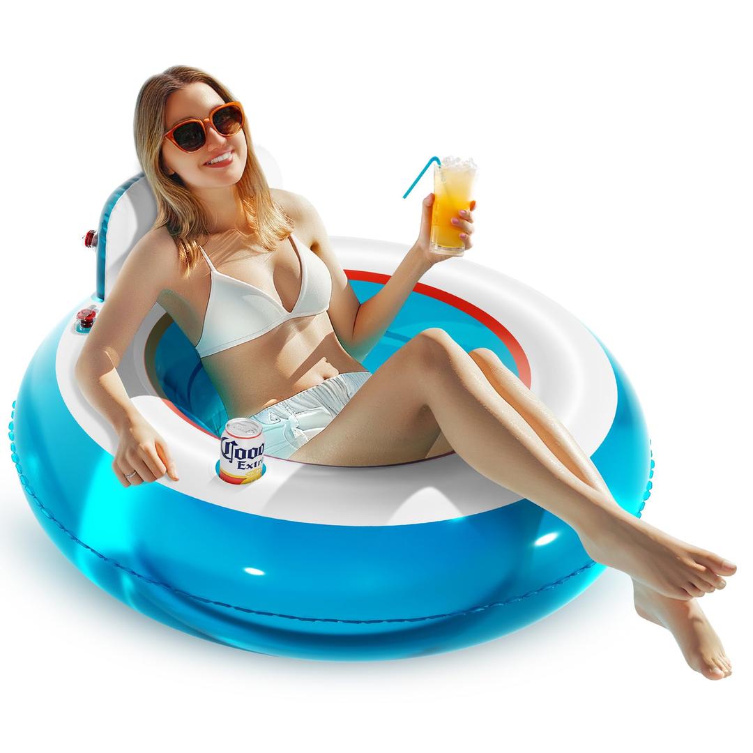 QPAU Inflatable Lounger Float with Backrest & Cup Holder, Heavy Duty Pool Floaties for Adults, 44" Thickened Pool Float Chair for Swimming, Lake, Beach Party