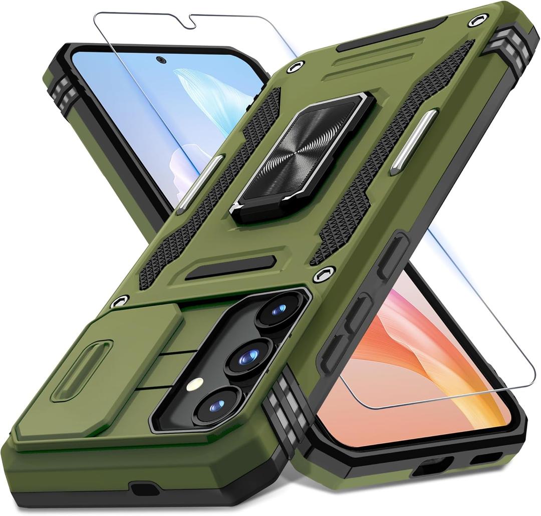 DEERLAMN Case for Samsung Galaxy S25+ Plus 6.7-Inch with Slide Camera Cover+Screen Protector(1 Pack), Rotated Ring Kickstand Military Grade Shockproof Protective Cover-Olive Green
