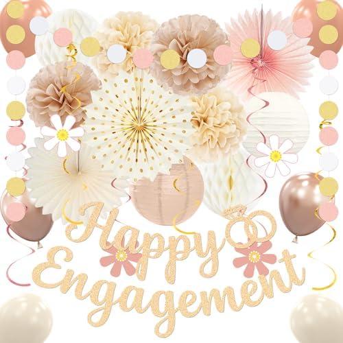 Engagement Party Decorations, Champagne Gold Happy Engagement Decorations, She Said Yes Decorations,Just Engaged/Almost Married Backdrop Decor with Banner Honeycomb Ball