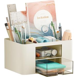 Marbrasse Pen Organizer with 2 Drawer, Multi-Functional Pencil Holder for Desk, Desk Organizers and Accessories with 5 Compartments + Drawer for Office Art Supplies (Beige)