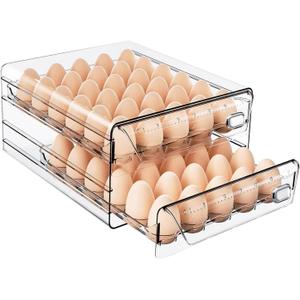 HIYOHIYO Clear 60 Egg Holder for Fridge, High Capacity Egg Container for Refrigerator, Stackable Egg Storage Trays for Countertop, Eggs Organizer for Refrigerator (2 Layer, 11.6"x 10.2"x 5.1")