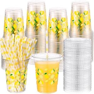 25 Sets of Yungyan Plastic Cups and 26 Straws for Lemon Party (16oz) for Drinking Coffee, Juice, and Drinks, and Suitable for Baby Shower or Birthday Party