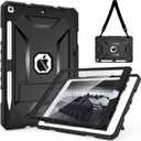 TIMISM Case for iPad 9th/8th/7th Generation(10.2 inch)-Complete Protection with Screen Protector, Shoulder Strap, Kickstand and Pencil Holder, Heavy Duty Shockproof, Black